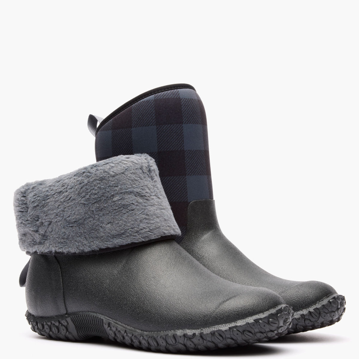 Women's Muckster II Mid Fleece Boot - Black/Gray Plaid Faux Fur | Muck Boot Company